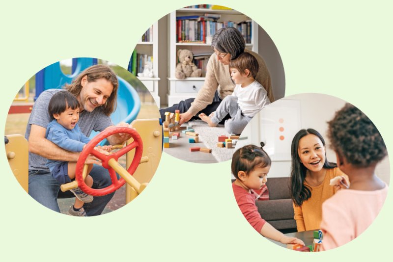 Verschiedene Bilder auf denen Erwachsene mit Kindern spielen und sich unterhalten