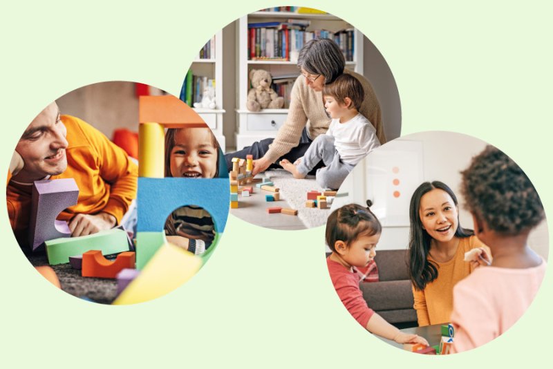 Verschiedene Bilder auf denen Erwachsene mit Kindern spielen und sich unterhalten